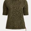 Olivgrüne Ralph Lauren-Oberteile aus Baumwolle mit U-Boot-Ausschnitt und Ozelot-Print für Damen