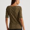 Olivgrüne Ralph Lauren-Oberteile aus Baumwolle mit U-Boot-Ausschnitt und Ozelot-Print für Damen