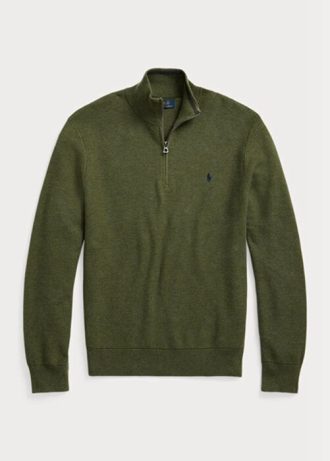 Olivgrüne Ralph Lauren Pullover aus Baumwolle mit Viertelreißverschluss und Netzstrick für Herren