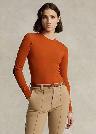 Orange Damen Ralph Lauren Gerippte Langarm-T-Shirts mit Wildlederbesatz