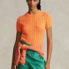 Orange Ralph Lauren Damen-Kurzarmpullover aus Baumwolle mit Zopfmuster