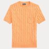 Orange Ralph Lauren Damen-Kurzarmpullover aus Baumwolle mit Zopfmuster
