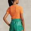Orange Ralph Lauren Damen-Kurzarmpullover aus Baumwolle mit Zopfmuster