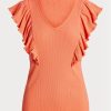 Orange Ralph Lauren T-Shirts aus Rippstrick mit Rüschenbesatz für Damen