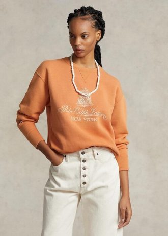 Orangefarbene Fleece-Sweatshirts mit Ralph Lauren-Logografik für Damen