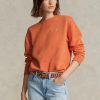 Orangefarbene Ralph Lauren Fleece-Pullover mit Rundhalsausschnitt für Damen