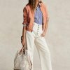 Parchment Cream Damen Ralph Lauren Große Bellport Tragetaschen mit Lederbesatz und Häkelarbeit