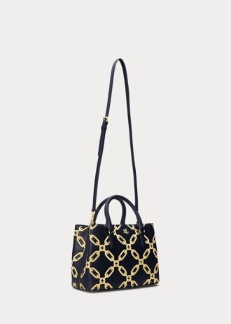 Raffinierte Marineblau/Modern Gold Damen Ralph Lauren Foliendruck Leder Medium Marcy Satchel Taschen