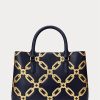 Raffinierte Marineblau/Modern Gold Damen Ralph Lauren Foliendruck Leder Medium Marcy Satchel Taschen
