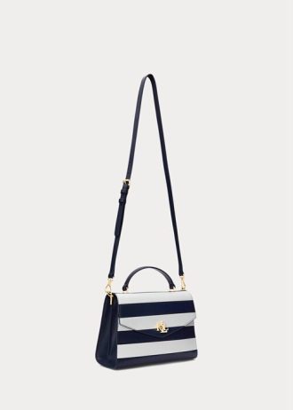 Raffinierte, marineblau/weiß gestreifte Damen-Umhängetaschen aus gestreiftem Leder von Ralph Lauren, mittlere Farrah