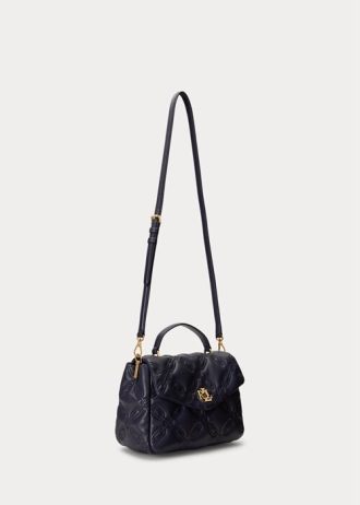 Raffinierte Marineblaue Damen Ralph Lauren Gesteppte Leder Mittelgroße Farrah Satchel Taschen