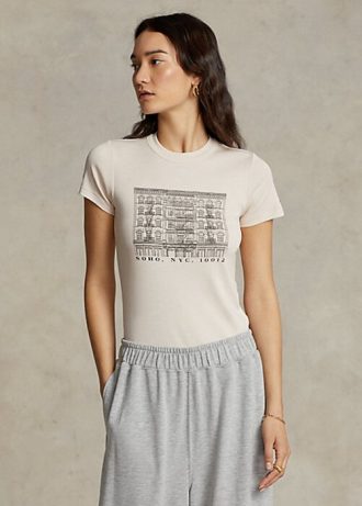 Rosa Ralph Lauren Slim Graphic T-Shirts aus gerippter Baumwolle für Damen