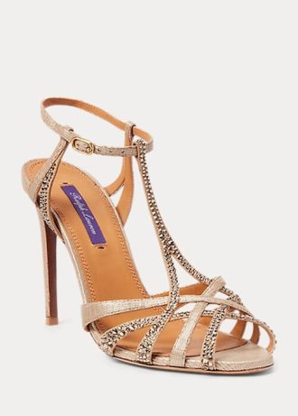 Roségoldfarbene Ralph Lauren Wells Sandalen aus Wildleder und Leder mit Verzierung für Damen