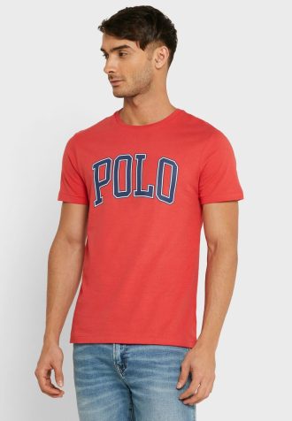 Rote Herren-T-Shirts mit Rundhalsausschnitt und Slogan von Ralph Lauren