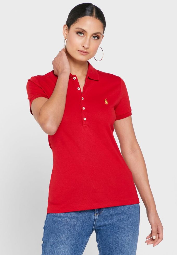 Rote Poloshirts für Damen von Ralph Lauren mit Knopfdetail Rote Poloshirts für Damen von Ralph Lauren mit Knopfdetail