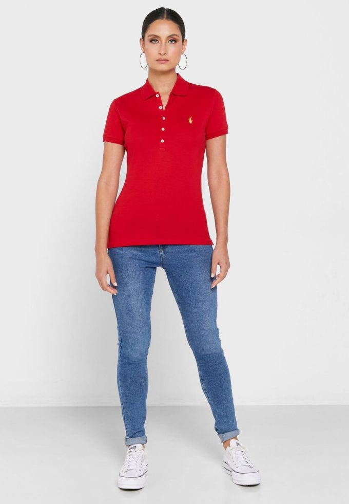 Rote Poloshirts für Damen von Ralph Lauren mit Knopfdetail Rote Poloshirts für Damen von Ralph Lauren mit Knopfdetail