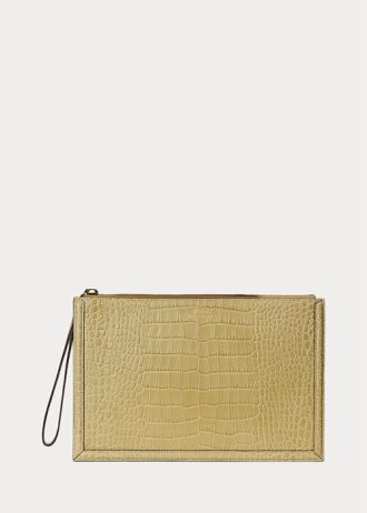 Sandfarbene Ralph Lauren Umschlaghandtasche aus geprägtem Leder für Damen