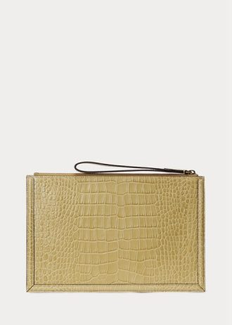 Sandfarbene Ralph Lauren Umschlaghandtasche aus geprägtem Leder für Damen