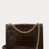 Schokoladenbraune Damenhandtasche mit Umschlagkette und Krokoprägung von Ralph Lauren Polo ID