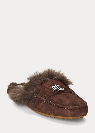 Schokoladenbraune flache Schuhe aus Wildleder mit Kunstpelzbesatz für Damen von Ralph Lauren Savanah