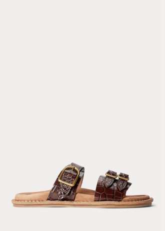 Schokoladenbraune Sandalen aus Leder mit Krokodilprägung von Ralph Lauren Ezra für Damen