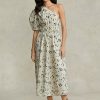 Schwarz / Beige Ralph Lauren Damen Asymmetrisches Kleid aus gerafftem Popeline mit Blumenmuster