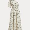 Schwarz / Beige Ralph Lauren Damen Asymmetrisches Kleid aus gerafftem Popeline mit Blumenmuster