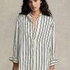 Schwarz / Cremefarbene gestreifte Satinhemden von Ralph Lauren in Übergröße für Damen