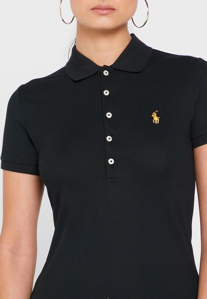 Schwarze Poloshirts für Damen von Ralph Lauren mit Knopfdetail