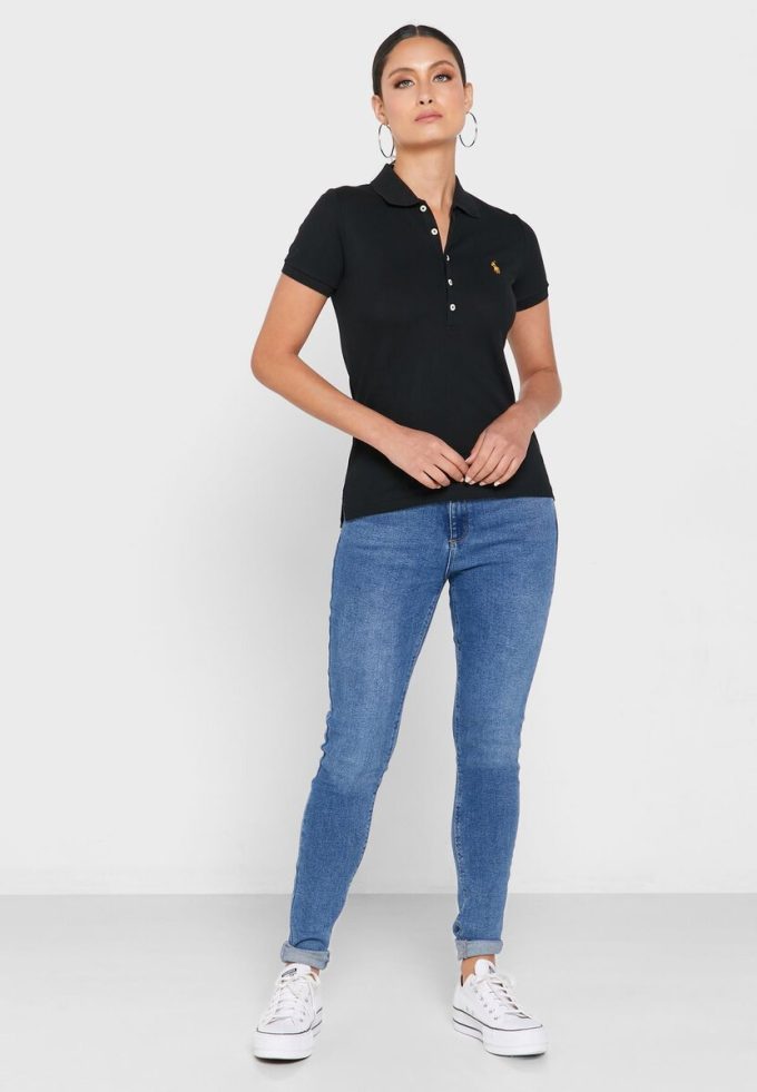 Schwarze Poloshirts für Damen von Ralph Lauren mit Knopfdetail