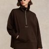 Schwarze Ralph Lauren Fleece-Tunika-Sweatshirts mit Viertelreißverschluss für Damen