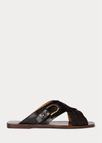 Schwarze Ralph Lauren Jacie Kalbsleder-Steigbügelsandalen für Damen
