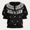 Schwarze Ralph Lauren Jersey-Oberteile mit Stickerei und Bindekragen für Damen