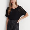 Schwarze Ralph Lauren Kurzarmpullover aus Baumwollnetz für Damen