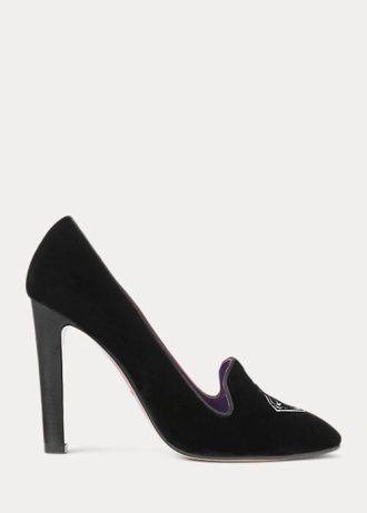 Schwarze Ralph Lauren Marion bestickte Samt-Pumps für Damen