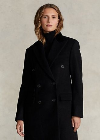 Schwarze Ralph Lauren Melton-Mäntel aus Wollmischung mit Samtkragen für Damen