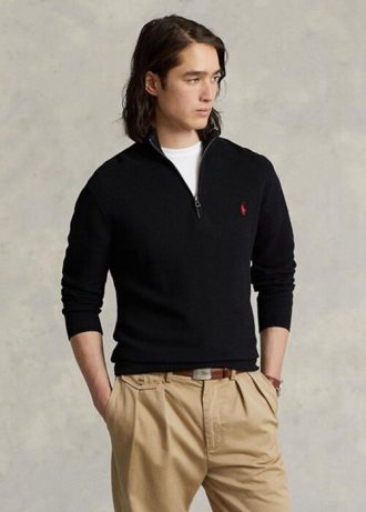 Schwarze Ralph Lauren Pullover aus Baumwolle mit Viertelreißverschluss und Netzstrick für Herren