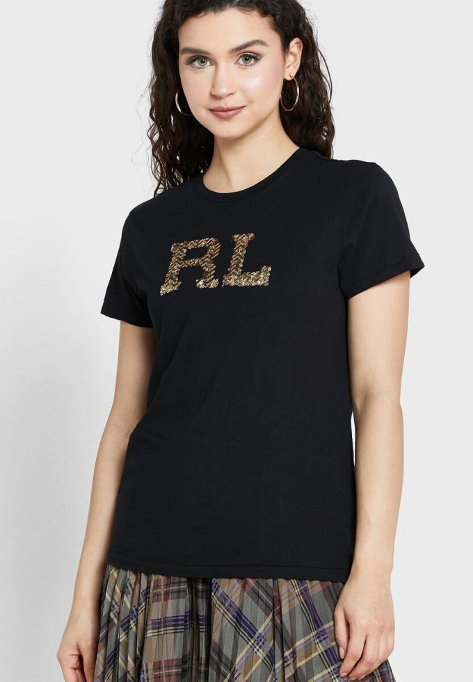 Schwarze Ralph Lauren Rundhals-Logo-T-Shirts für Damen