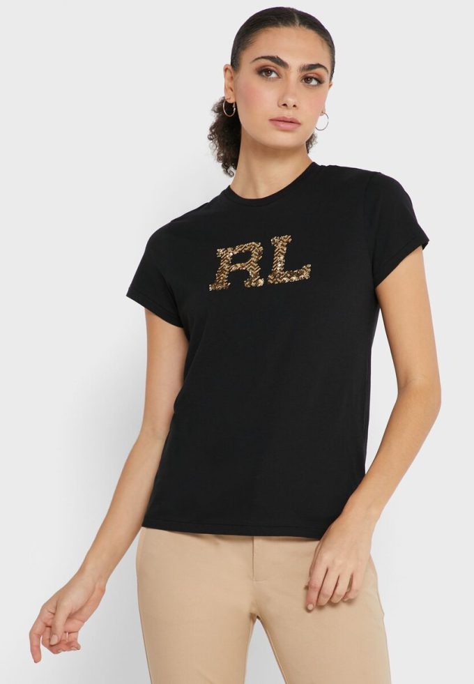 Schwarze Ralph Lauren Rundhals-Oberteile mit Grafik für Damen