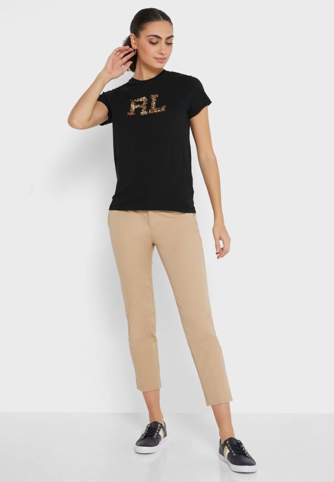 Schwarze Ralph Lauren Rundhals-Oberteile mit Grafik für Damen