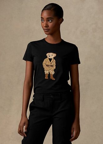 Schwarze Ralph Lauren Safari Polo Bear Baumwoll-T-Shirts für Damen