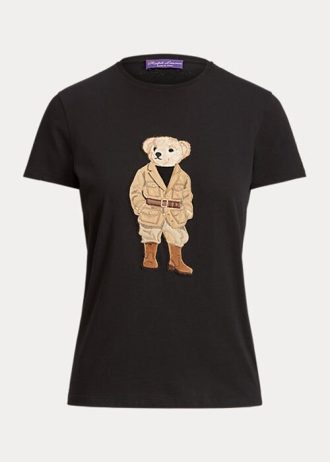 Schwarze Ralph Lauren Safari Polo Bear Baumwoll-T-Shirts für Damen