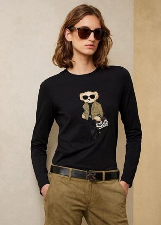 Schwarze Ralph Lauren Utility Bear Langarm-T-Shirts aus Baumwolle für Damen