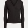 Schwarze Ralph Lauren Wollpullover mit langen Ärmeln und V-Ausschnitt für Damen