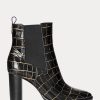 Schwarze Ralph Lauren Ylah-Stiefel aus geprägtem Leder für Damen