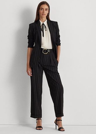 Schwarze, weit geschnittene Hose aus Wollkrepp mit Nadelstreifen für Damen von Ralph Lauren