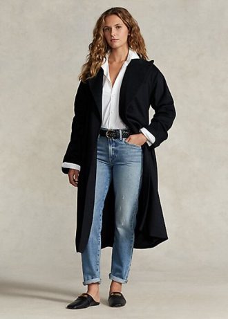 Schwarze Wickelmäntel aus Wollmischung mit steigendem Revers für Damen von Ralph Lauren