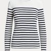 Weiß / Marineblau gestreifte Langarm-T-Shirts aus Baumwolle von Ralph Lauren für Damen