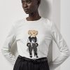 Weiße Damen Ralph Lauren Cinema Polo Bear Langarm-T-Shirts aus Baumwolle
