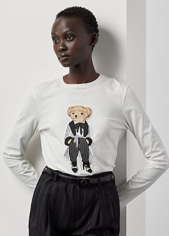 Weiße Damen Ralph Lauren Cinema Polo Bear Langarm-T-Shirts aus Baumwolle